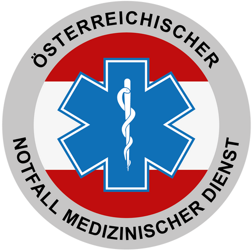 Emblem mit einem roten Kreis und der österreichischen Flagge. In der Mitte befindet sich ein blauer Lebensstern mit einem Äskulapstab. Der Text lautet „Österreichischer Notfall Medizinischer Dienst“, was auf den österreichischen Notfalldienst hinweist.